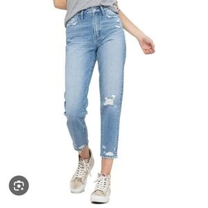 VERVET EMMA HIGH WAISTED MOM JEAN W/DISTRESSED SEMI RIDGID DENIM